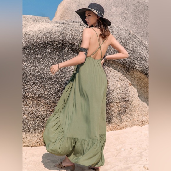RusttyDustyy Modern Bohemian Crush Olive Green Maxi Dress. Size XL. NWT - Picture 3 of 10